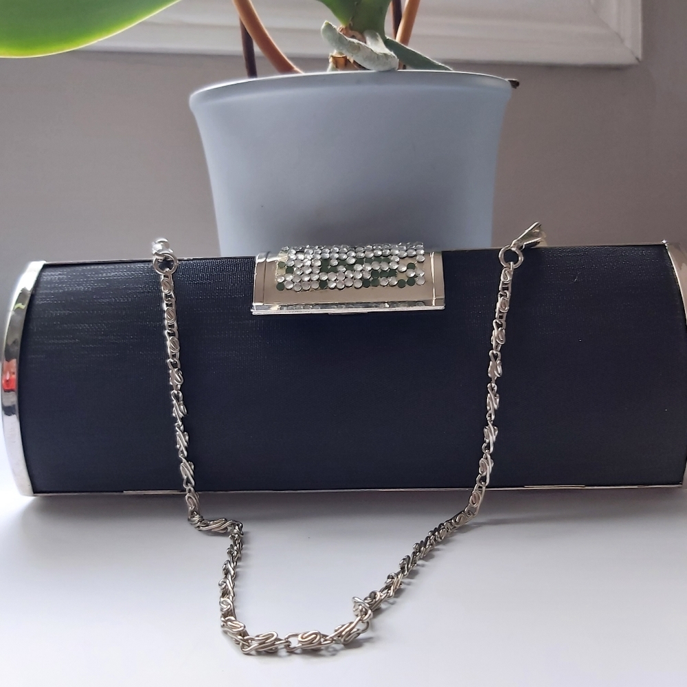 Evening clutch, black and silver, 8.8" ×3.4"